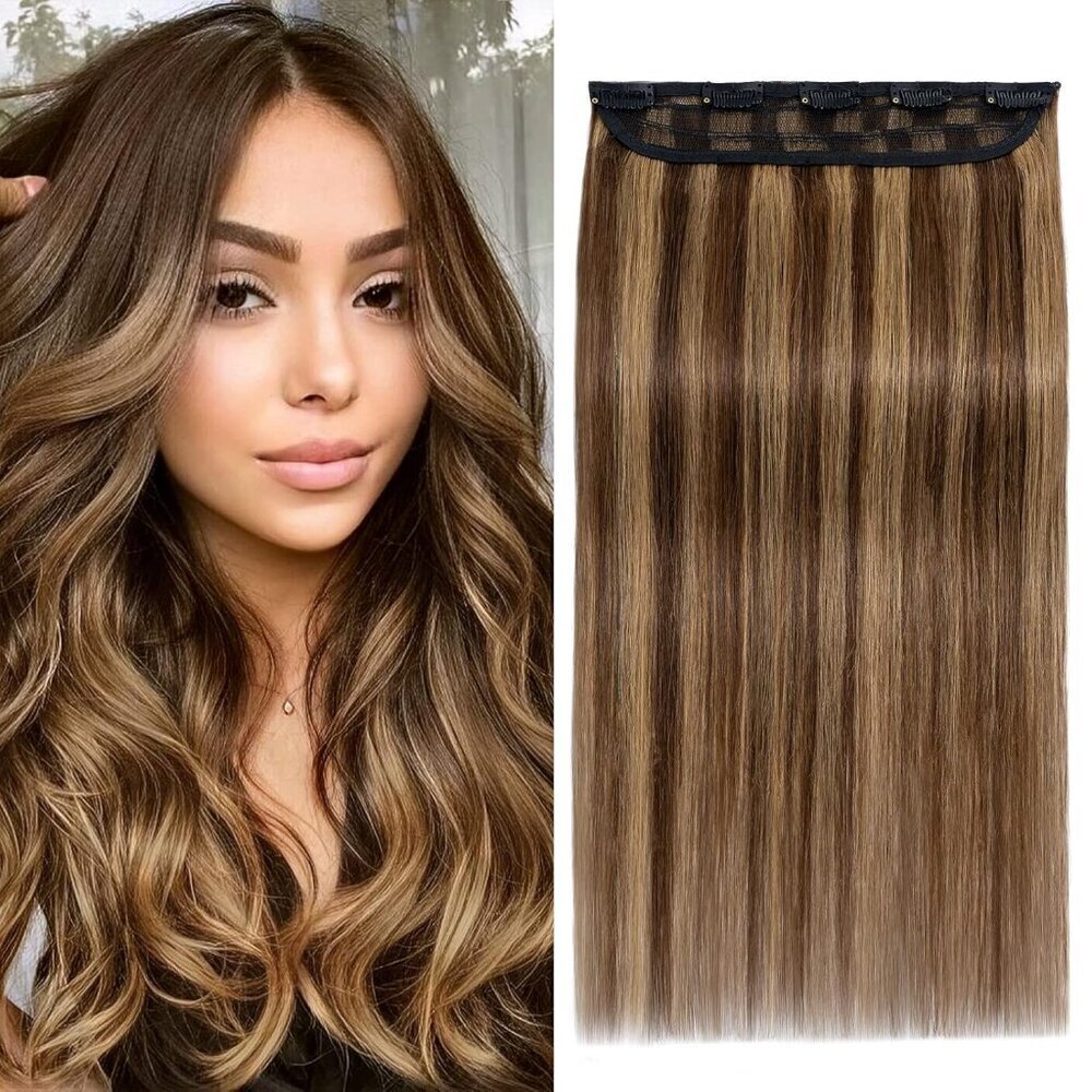 Real Human Hair Clip-In Extensions Long Straight 16" Brown Blonde Highlights